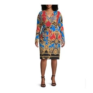 Bold Elements Plus Long Sleeve Brocade Wrap Dress
